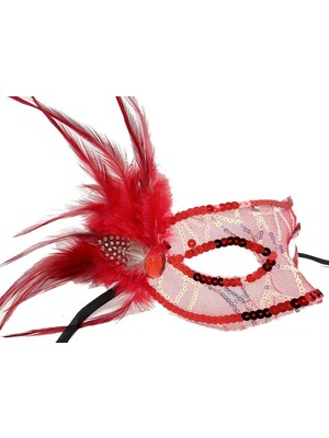 Twin Store Kırmızı Renk Yandan Tüylü Pul Payet Işlemeli Parti Maskesi 23X12 cm