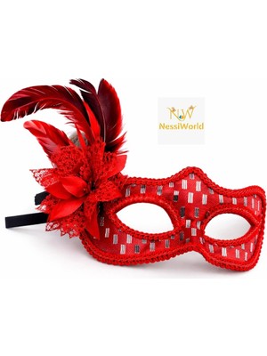 Twin Store Kırmızı Tüylü Balo Maskesi Kadın Parti Aksesuarı