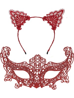 Twin Store Romantik Kırmızı Dantel Maske Seti – Kulaklı Taç Maske 3 No