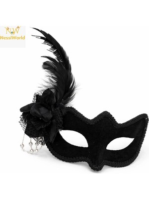 Twin Store Beyaz Inci Detaylı Siyah Süet Venedik Kadın Maskesi Tüylü Güllü
