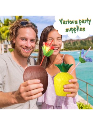 Twin Store Tropikal Parti Bardak Seti – Ananas Hindistan Cevizi Şekilli Pipetli Bardaklar (20