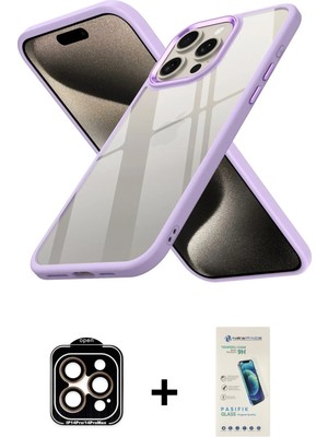 BUTİMAR'S iPhone 15 Pro Max Nova Işık Serisi - Şeffaf Pasifik Cam Ekran Koruyucu + Turuncu Pvd Metal Kamera Lens