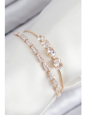 Twin Store Pirinç Zirkon Taşlı Su Yolu Model Gold Renk Kadın Bileklik - TJ-BB7865