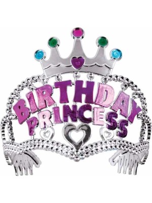 Twin Store Gümüş Renk Taç Üzeri Pembe Birthday Prenses Yazılı Çocuk Parti Tacı 11X12CM