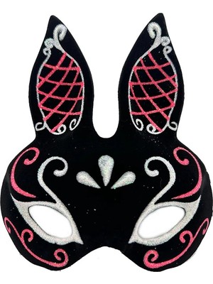 Twin Store Siyah Renk Kırmızı Beyaz Simli Siyah Süet Kaplama Tavşan Maskesi 18X16 cm