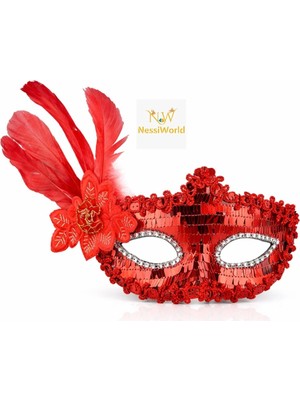 Twin Store Kırmızı Tüylü Payetli Lüks Taşlı Parti Maskesi