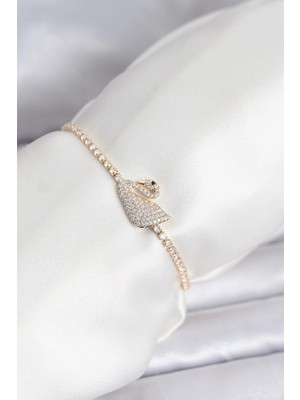 Twin Store Kuğu Model Zirkon Taşlı Gold Renk Asansörlü Su Yolu Bileklik