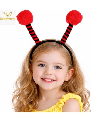 Twin Store Kırmızı Siyah Uğur Böceği Antenli Taç - Çocuk Uğur Böceği Tacı Mega Ponponlu