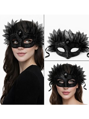 Twin Store Siyah Taşlı Venedik Maskesi Lüks Tüllü Parti Maskesi