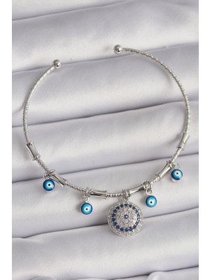 Twin Store Pirinç Gümüş Renk Sallantı Zirkon Taşlı Nazar Boncuk Figür Charm Bileklik - TJ-BB6558