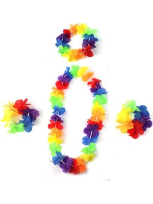 Twin Store Rengarenk Hawaii Kolye Taç Bileklik Seti 4 Parça