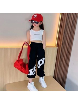 Punix Kids Özel Seri Keep Love Baskılı %100 Pamuk Sokak Stili Hip Hop Kız Çocuk Yazlık Crop Eşofman Takımı