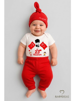 Babyden's Ilk 23 Nisan Bayramı Bebek Takımı Atatürk Baskılı %100 Pamuk Kısa Kollu Body Pantolon Şapka Seti