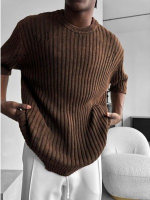 Elku Moda Erkek Yarım Oversize Çizgili Yıkamalı Triko Tişört Fitilli Pamuk Triko T-Shirt