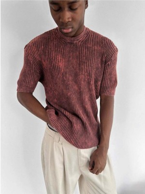 Elku Moda Erkek Yarım Oversize Çizgili Yıkamalı Triko Tişört Fitilli Pamuk Triko T-Shirt