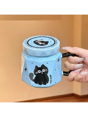 Keyfim Shop 3D Kedi Figürlü Kapaklı Kupa Bardak