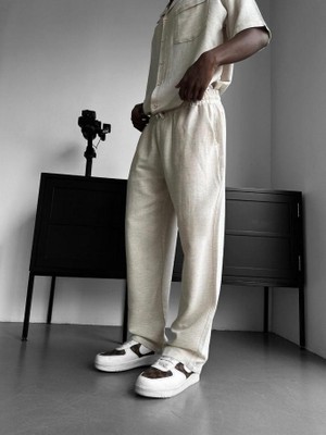 Elku Moda Erkek Oversize Hasır Keten Kısa Kollu Keten Alt Üst Takım Yazlık Rahat Kalıp Italyan Yaka Takım