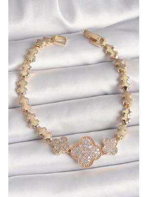 Twin Store Pirinç Gold Renk Zirkon Taşlı Yonca Model Zincir Kadın Bileklik - TJ-BB6822
