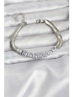 Twin Store Çelik Gümüş Renk Kare Zirkon Taşlı Yılan Zincirli Kadın Bileklik - TJ-BB8153