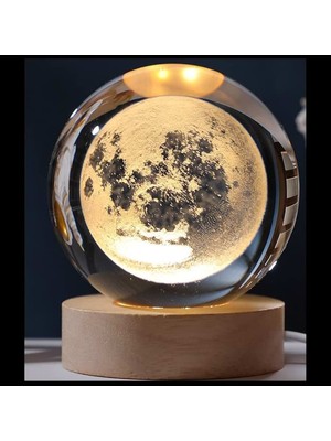 Twin Store Dekoratif Dolunay Tasarımlı Ahşap Altlıklı Işıklı Cam Küre Büyük Boy 8 cm MZ4-2323