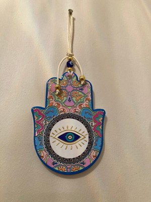 Plus Home Nazarlık Fatma Ana Eli Model El Işçiliği Turkuaz Desenli Çapı 15 cm