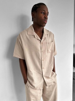 Elku Moda Erkek Oversize Hasır Keten Kısa Kollu Keten Alt Üst Takım Yazlık Rahat Kalıp Italyan Yaka Takım