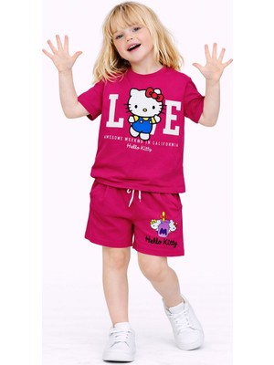 ButumiKids Kız Çocuk Karakter Baskılı Bisiklet Yaka Pamuklu T-Shirt Şort Alt Üst Takım