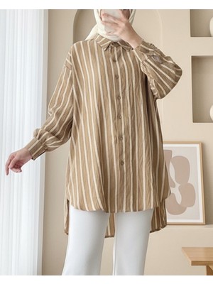 Modamorfo Boydan Düğmeli Arkası Uzun Çizgili Gömlek -Vizon