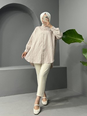 Modamorfo Boydan Düğmeli Arkası Uzun Çizgili Gömlek -Taş