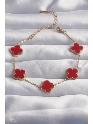 Twin Store Çelik Gold Renk Kırmızı Mineli Yonca Bileklik - TJ-BB6264