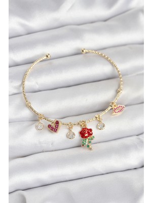 Twin Store Gül Charmlı Gold Renk Pirinç Kadın Bileklik - TJ-BB8043