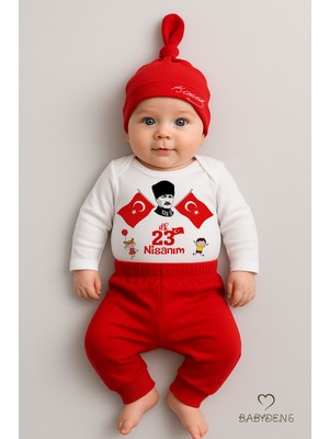 Babyden's Ilk 23 Nisan Bayramı Bebek Takımı Atatürk Baskılı %100 Pamuk Uzun Kollu Body Pantolon Şapka Seti