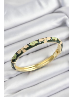 Twin Store Mineli Pirinç Krem Yeşil Çiçek Motifli Gold Renk Kadın Kelepçe - TJ-BB7400