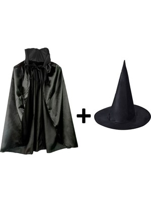 Twin Store Siyah Yakalı Pelerin Siyah Cadı Şapkası Seti Çocuk Boy