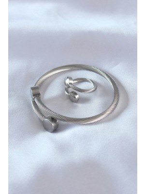 Twin Store Çelik Gümüş Renk Sıkı Burgu Model Erkek Bileklik Yüzük Seti - TJ-EB3591