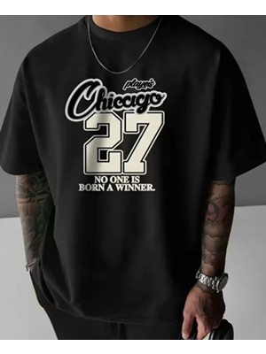 Punix Büyük Beden Özel Seri Chicago 27 Baskılı Ultra Rahat %100 Pamuk Oversize Battal  Erkek T-Shirt