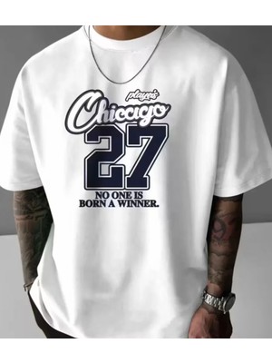 Punix Büyük Beden Özel Seri Chicago 27 Baskılı Ultra Rahat %100 Pamuk Oversize Battal  Erkek T-Shirt