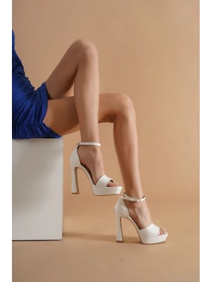 Ayakkabı Ateşi Beyaz Cilt Baretli Platform Topuklu Kadın Ayakkabı Pirel