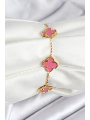 Twin Store Çelik Gold Zincir Pembe Yonca Renk Bileklik - TJ-BB7908