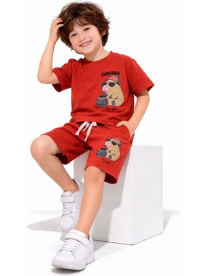 ButumiKids Erkek Çocuk Karakter Baskılı Bisiklet Yaka Pamuklu T-Shirt Şort Alt Üst Takım