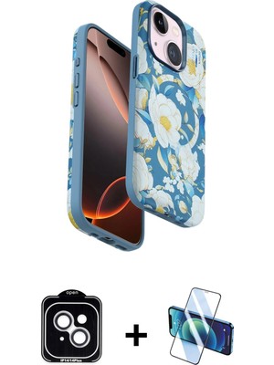 BUTİMAR'S iPhone 14 Siluet Doku - Siyah 3D Antistatik Cam Ekran Koruyucu + Gümüş Pvd Metal Kamera Lens