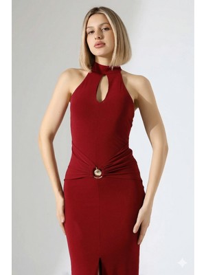 Ezraa Yırtmaçlı Abiye Elbise Gold Tokalı Balık Kesim Uzun Nişan Düğün Elbisesi