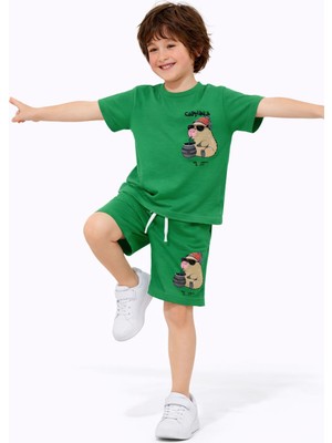 ButumiKids Erkek Çocuk Karakter Baskılı Bisiklet Yaka Pamuklu T-Shirt Şort Alt Üst Takım