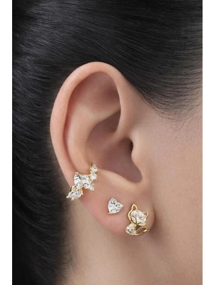 Ascera Çelik Zirkon Taşlı Tilki Figürlü 3’lü Küpe Seti – Gold Kadın Küpe & Kıkırdak Küpe