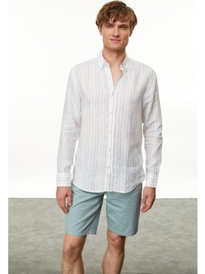 MUDO Çizgili Regular Fıt Keten Gömlek