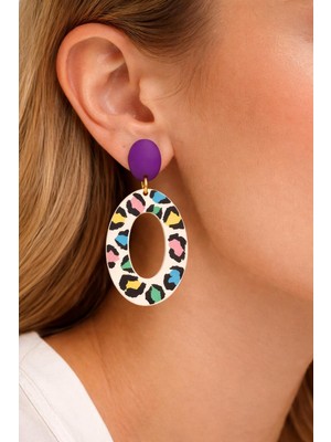 EPAksesuar Halka Küpe Renkli Leopar Desenli Polimer Kil El Yapımı