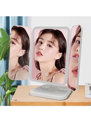 Leylart 3 Panel Katlanır Masa Üstü Ledli Usbli Makyaj Aynası Foksyonel Beyaz