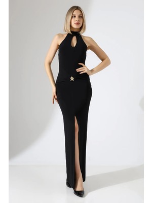 Ezraa Yırtmaçlı Abiye Elbise Gold Tokalı Balık Kesim Uzun Nişan Düğün Elbisesi