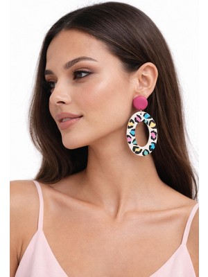 EPAksesuar Halka Küpe Renkli Leopar Desenli Polimer Kil El Yapımı