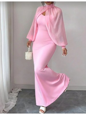 Marsilyan- Kadın Balıkçı Yaka Inci ve Tül Detay Dalgıç Kumaş Maxi Boy Elbise